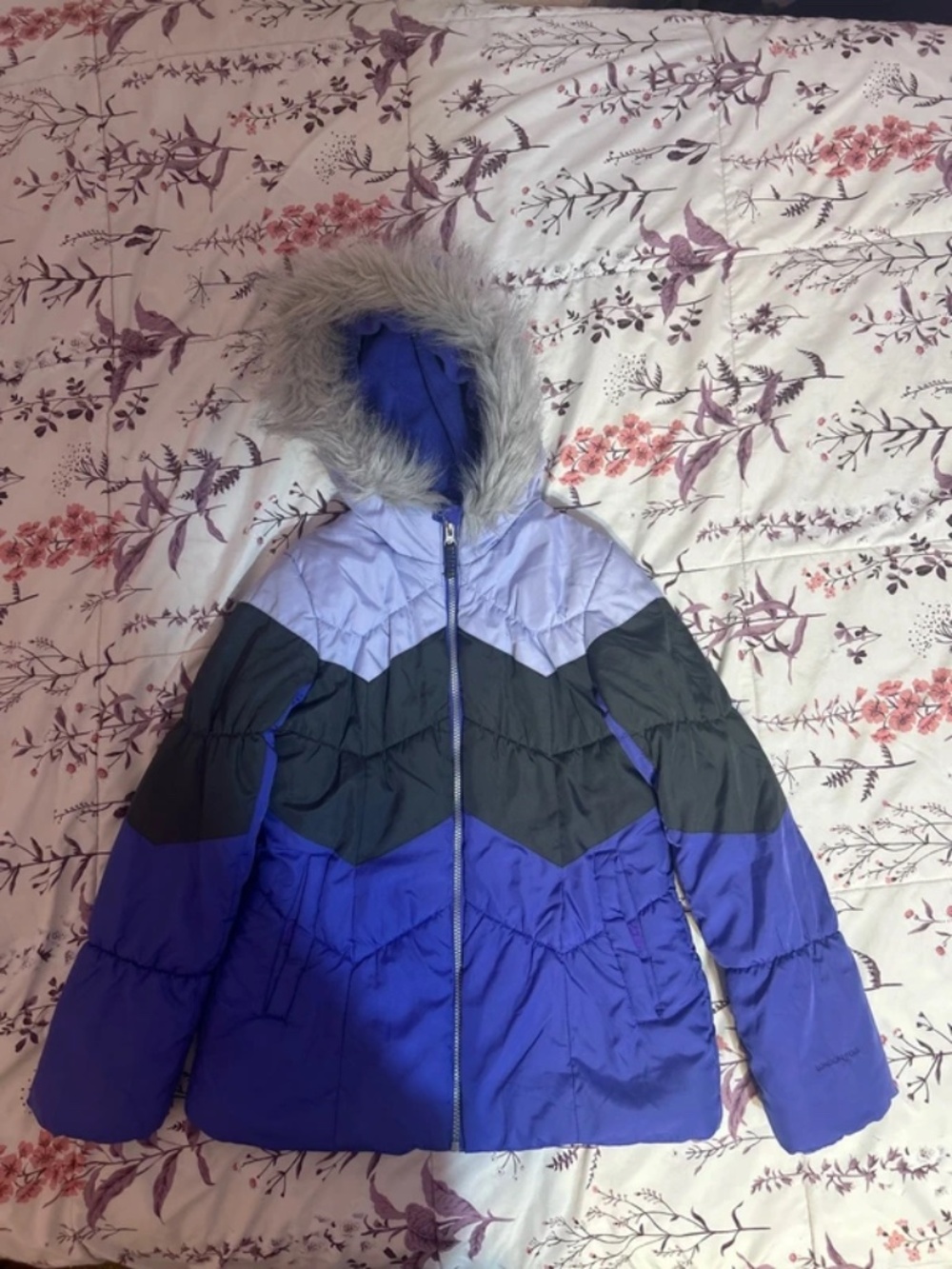 London Fog Colorblock Quillted Fleece Puffer Full Zip Fur Jacket Sz. L 14/16